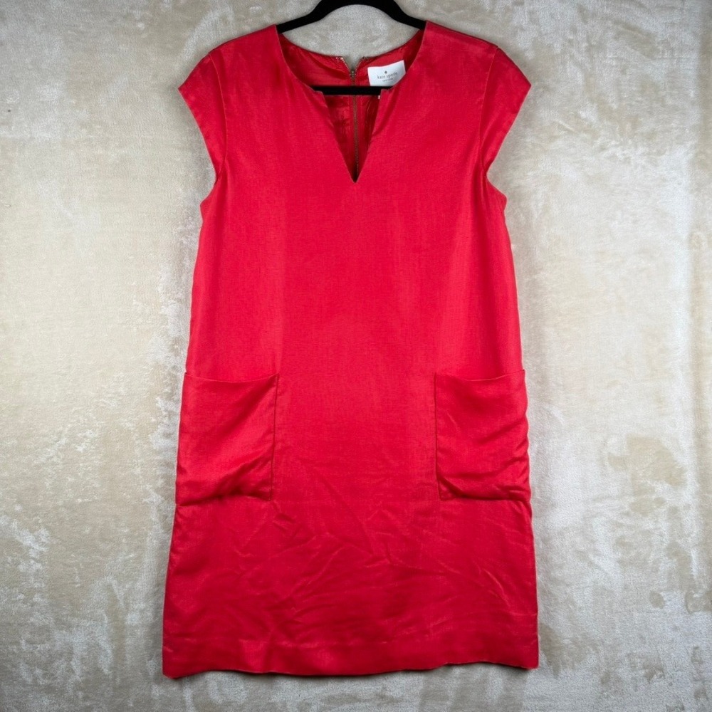Kate Spade New York Womens Red Linen Shift Dress Pockets Lace Trim Size 8